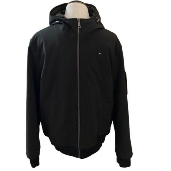 EUC Tommy Hilfiger Black/Green Soft-Shell Hooded Bomber Jacket with Bib. Size M. - Picture 3 of 10